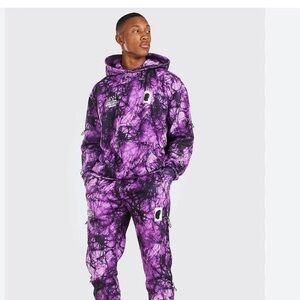 Boohoo 2pc Mens Purple TieDye Hoodie Burna Boy M medium sweatpants set sweatsuit